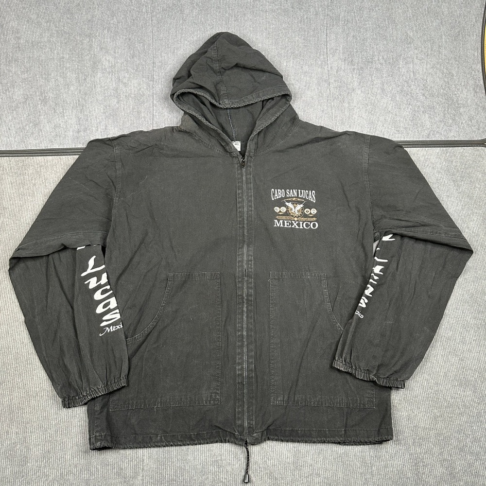 Vintage Y2K Cabo San Lucas Mexico Zip Up Hoodie Jacket Black‎ Mens 40 Large